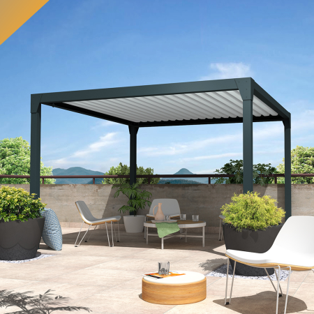 Pérgola Bioclimática BERYL auto suportada - Misto Cinza Antracite/Branco - 3,50x4,00 M - Cilindro com telecomando INTERSUN - 1